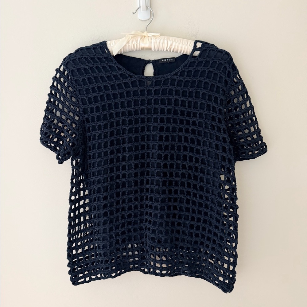 Akris Switzerland Open knit crochet short sleeve navy blue sweater Sz ? (S?) - Picture 8 of 8